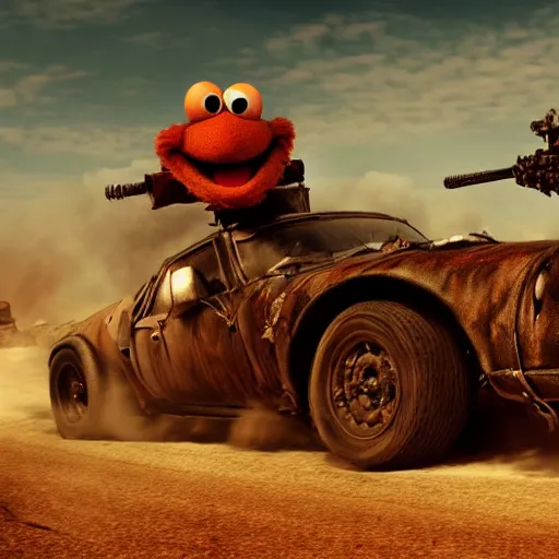 Image similar to Elmo in mad max fury, HD, 4k, high resolution, intricate detail, realistic