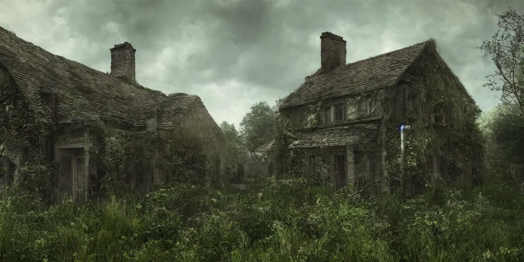 Image similar to photorealistic, ruined english cottage, overgrown vegetation, apocalypse, shadowy lurking creatures, hyperrealistic, grimdark, artstation