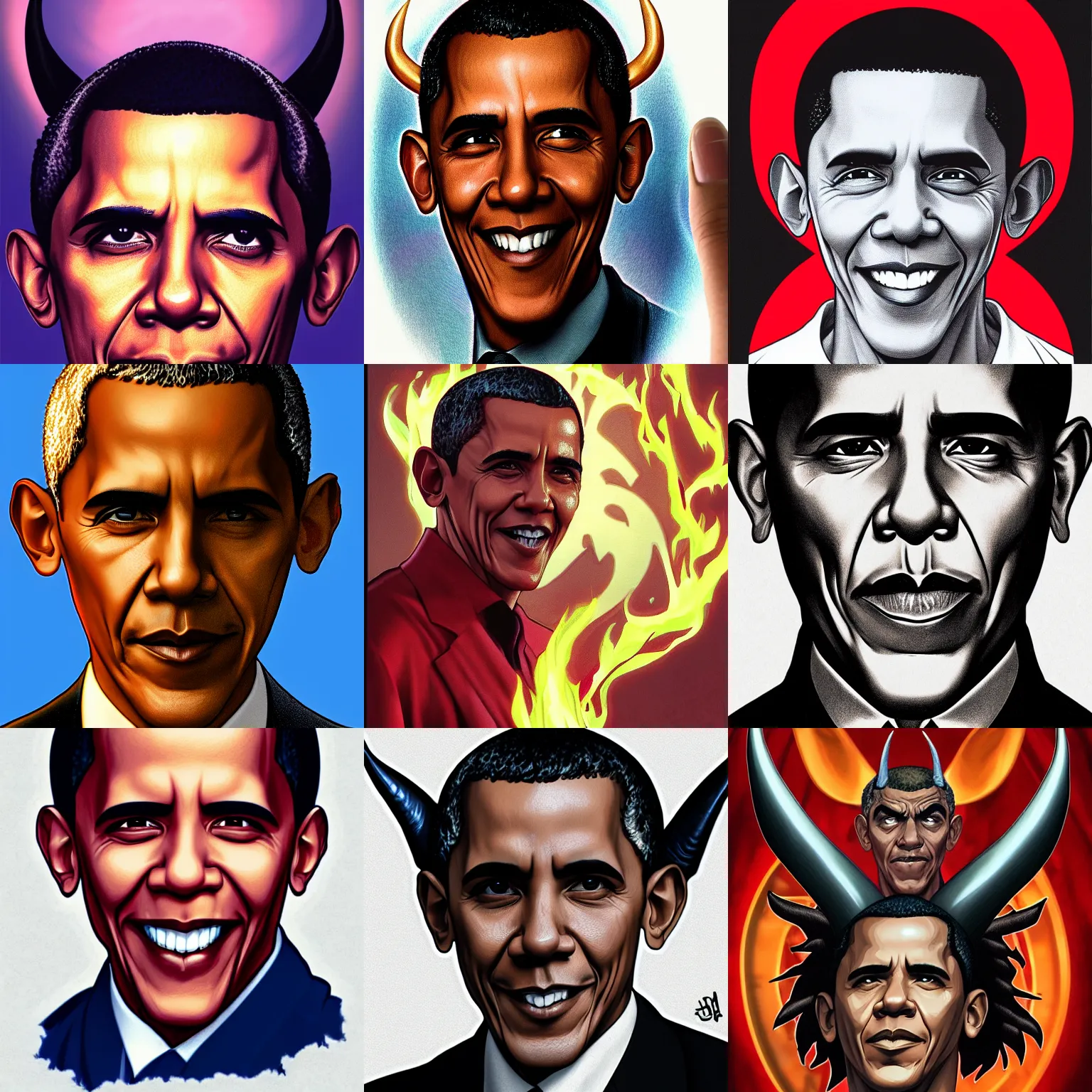 Prompt: phil nato comic art portrait of barack obama as the devil, headshot, looking up, hyper realistic, horns, flames, 4k, rule of thirds, extreme detail, detailed drawing, trending artstation, hd, fantasy, D&D, realistic lighting, art by artgerm and alphonse mucha and eiichiro oda, sharp focus, backlit, elegant