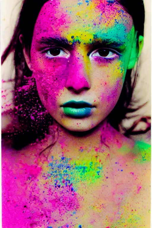 Prompt: An instax film still of a girl covered in holi powder featured in Vogue and GQ editorial fashion photography, beautiful eye, symmetry face, haute couture dressed by Givenchy and Salvatore Ferragamo