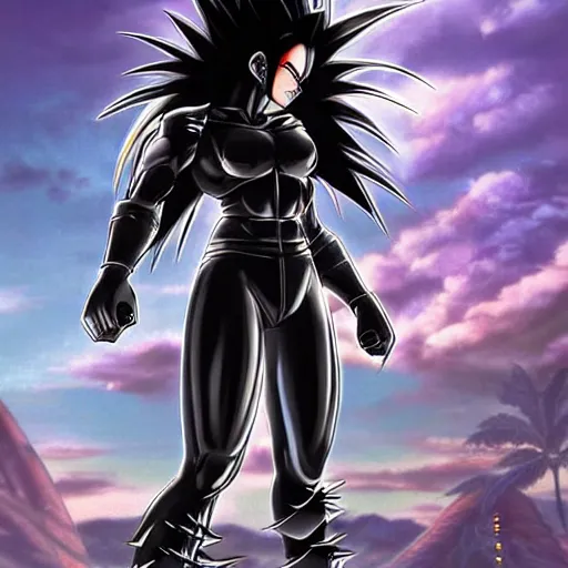 Prompt: 19-year-old muscular warrrior girl wearing chrome silver armor and black spandex pants, long wild spiky black Saiyan hair, wild black hair, tropical, palm trees, chrome buildings, futuristic base, 1987, anime, pulp art, HD art, wallaper