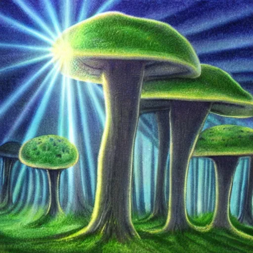 Prompt: mushroom trees viewed from the forest floor with a god ray drawn by John Avon