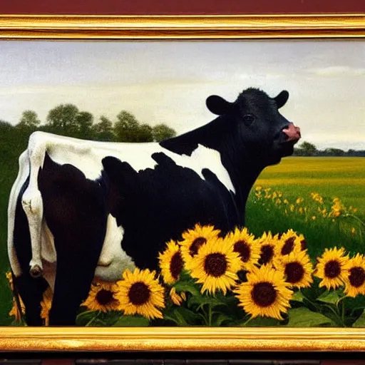 Image similar to a black and white cow standing in a beautiful field of sunflowers with a red barn behind it, by Michael Sowa, head and shoulders portrait, golden hour, extremely detailed masterpiece, oil on canvas, by J. C. Leyendecker and Peter Paul Rubens and Edward Hopper and Michael Sowa,