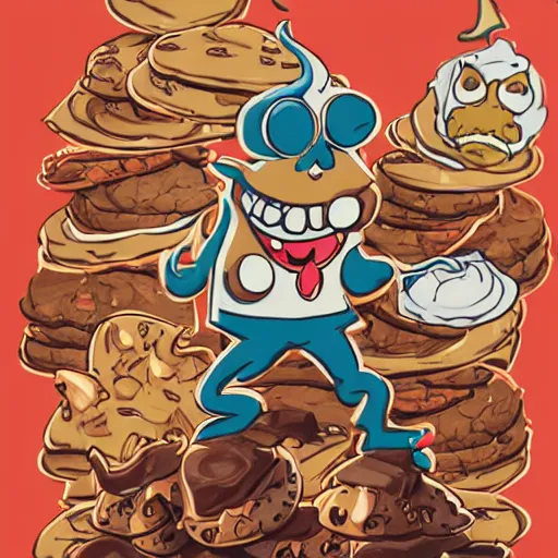 Image similar to evil human cookie cooking a bunch of cookies, in the kitchen, cuphead, painterly, logo, graffiti, elegant, highly detailed, digital art, art by jc leyendecker and sachin teng