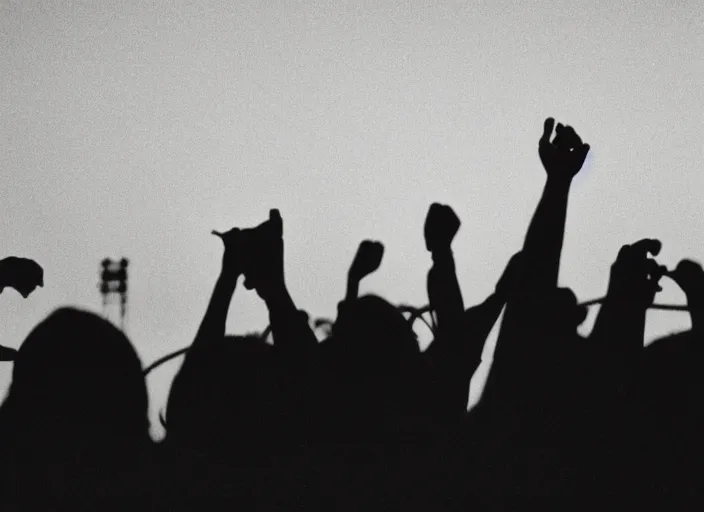 Prompt: a 2 8 mm macro photo from the back of a crowd at a rock concert festival in silhouette in the 1 9 6 0 s, bokeh, canon 5 0 mm, cinematic lighting, dramatic, film, photography, golden hour, depth of field, award - winning, 3 5 mm film grain