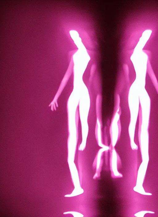 Image similar to a symmetrical female silhouette walking, astral projection, purple glowing aura, out of body experience, film grain, cinematic lighting, experimental film