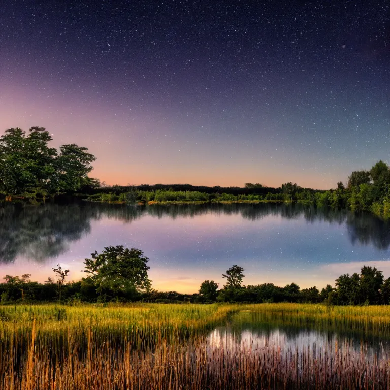 Prompt: A photo of a lake at night, night sky with clouds, beautiful, small reeds behind lake, bushes in the foreground, varied trees in the back, summer, 4k, muted colors, nature photography