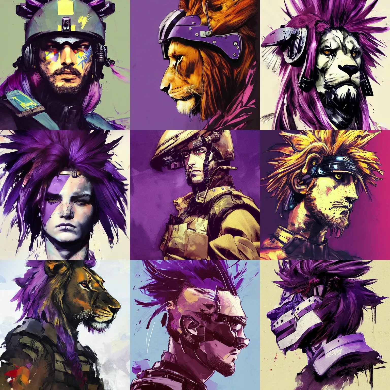 Prompt: a beautiful side portrait painting of a soldier, with a lion helmet. the mane is tinted with vibrant, royal violet purple tones. art by yoji shinkawa and sandra chevrier, trending on artstation, award - winning, perfect composition.