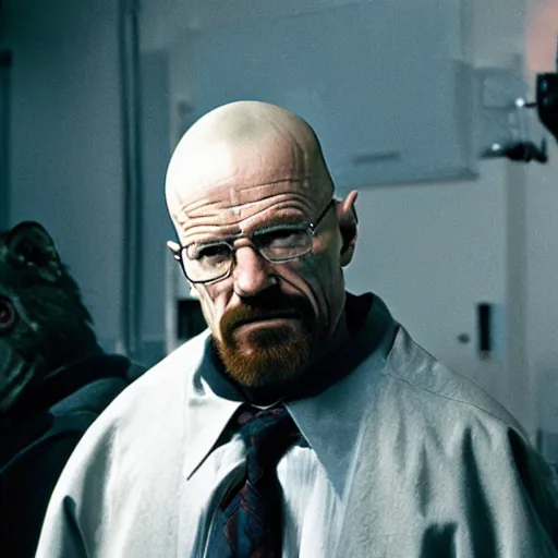 Image similar to walter white as a werewolf, film still, high detail