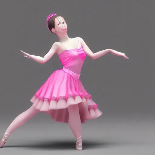 Image similar to 3 d jimin as a ballerina dancer wearing a pink skirt in a black themed stage, highly detailed, octane render