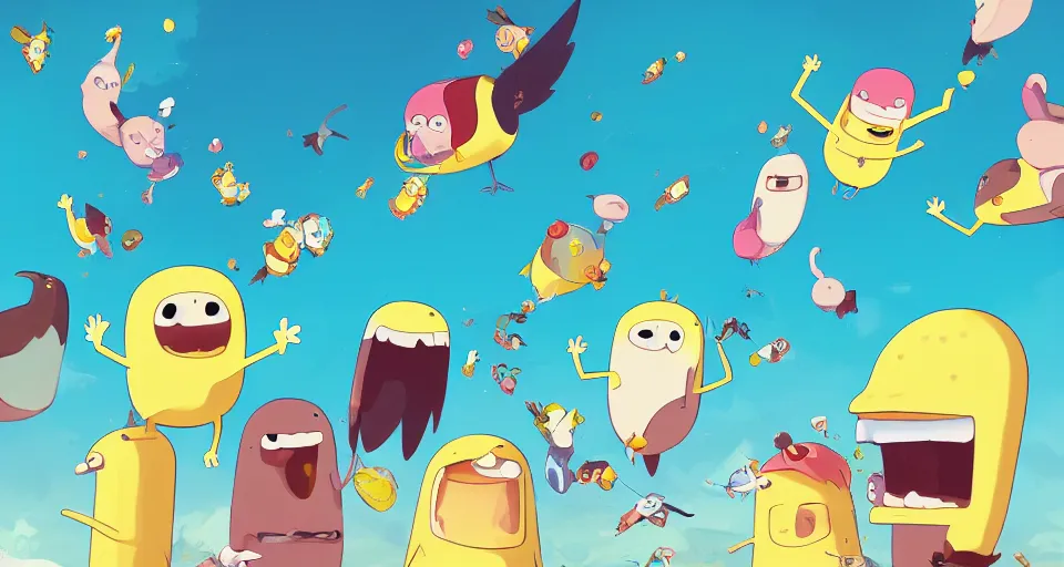 Image similar to cartoon banana birds swimming in ice cream in the style of adventure time, the amazing world of gumball, pixar, toki doki, greg rutkowski and makoto shinkai, trending on artstation