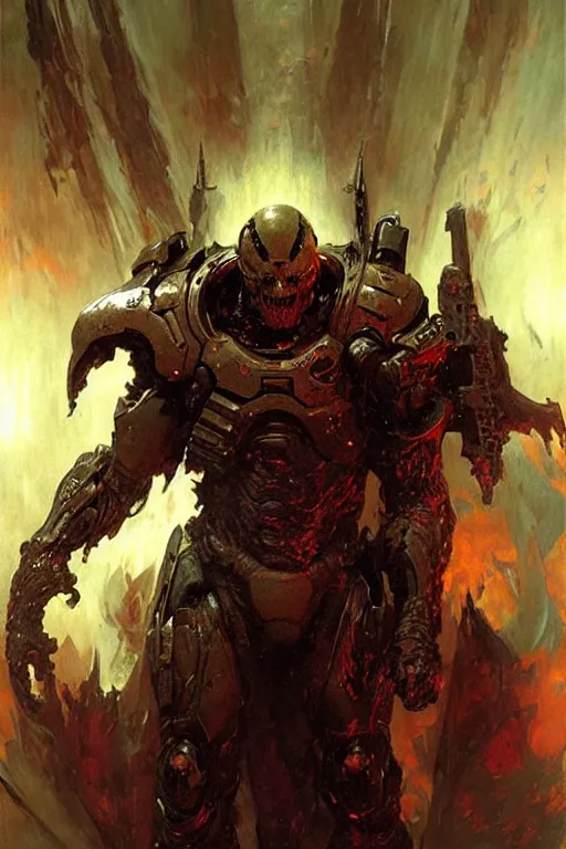 Image similar to willem dafoe as the doom marine portrait dnd, painting by gaston bussiere, craig mullins, greg rutkowski, yoji shinkawa