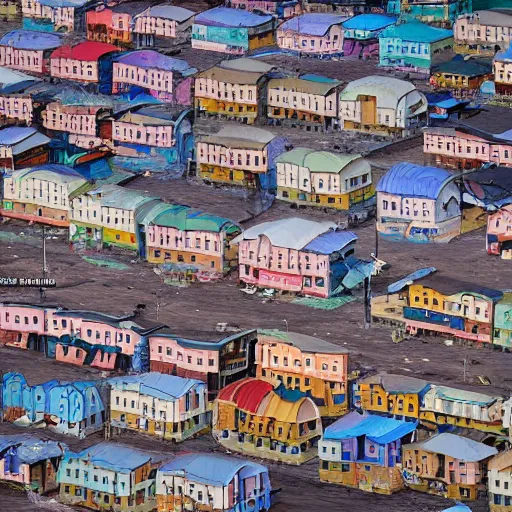 Image similar to flying houses - shaped city street norilsk on moon, city, telephoto, street