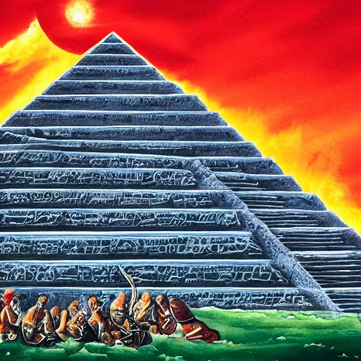 Image similar to artistic depiction of an Aztec pyramid, during an eclipse, with fires raging around