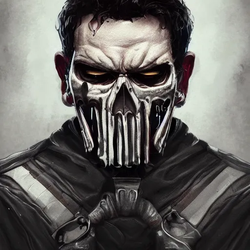 Prompt: portrait of old frank castle the punisher, skull face paint, intricate, elegant, highly detailed, centered, grungy, digital painting, artstation, concept art, smooth, sharp focus