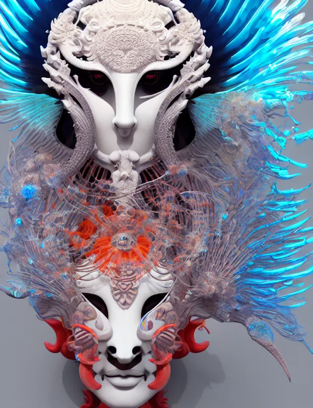 Image similar to 3 d goddess close - up frontal portrait with ram skull. beautiful intricately detailed japanese crow kitsune mask and clasical japanese kimono. betta fish, jellyfish phoenix, bio luminescent, plasma, ice, water, wind, creature, artwork by tooth wu and wlop and beeple and greg rutkowski