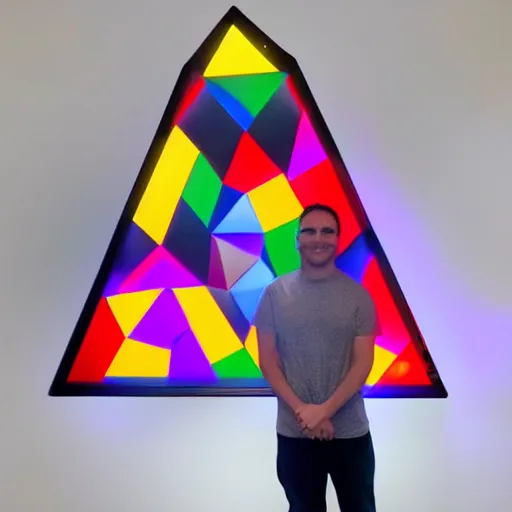 Image similar to a daytrader named jay standing proudly in front of triangular nanoleaf led lights on his wall