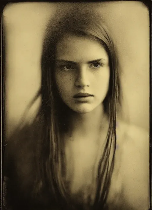 Image similar to dreamy close up portrait of a young women, photo realistic, elegant, award winning photograph, parallax, cinematic lighting, ambrotype wet plate collodion by martin shuller, richard avedon dorothe lange and and shane balkowitsch