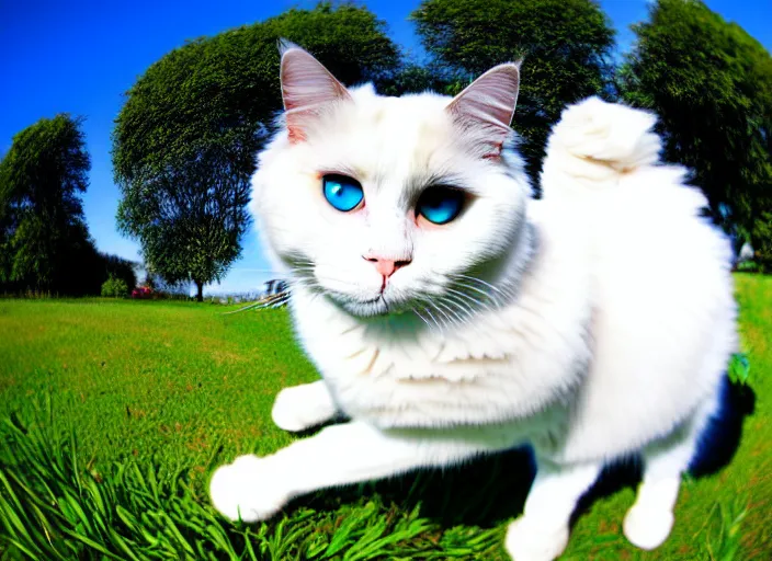 Image similar to a photo of a ragdoll cat wearing a business suit in a sunny field, fisheye lens