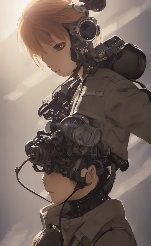 Image similar to pilot girl, cyborg aircraft parts, anime style, vintage pilot clothing, shoulder eyes, last exile anime, hair down, symmetrical facial features, from arknights, aircraft interior, hyper realistic, 4 k, rule of thirds, extreme detail, detailed drawing, trending artstation, realistic lighting, by alphonse mucha, greg rutkowski