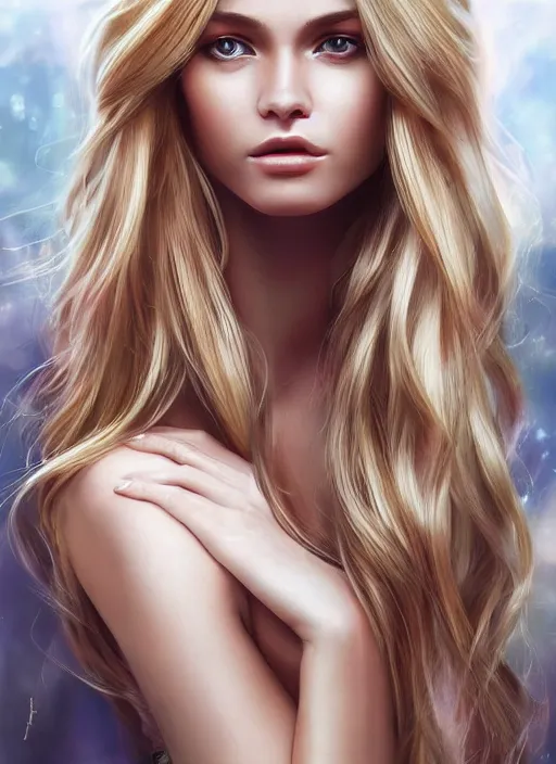 Image similar to image of a gorgeous female with long blonde hair in the style of stefan kostic, realistic, full body shot, wide angle, sharp focus, 8 k high definition, insanely detailed, intricate, elegant, art by stanley lau and artgerm, floating embers