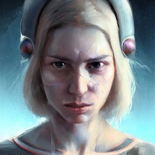 Image similar to portrait of a woman by greg rutkowski, she is about 3 0 years old, slavic, pretty, blond hair with two strans around her face, devastated expression, helplessness and denial, she is wearing a futuristic space gear, highly detailed portrait, digital painting, artstation, concept art, smooth, sharp foccus ilustration, artstation hq.