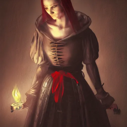 Prompt: tyler edlin, dark portrait, death ultra red head woman in medieval dress, strangled with rope, not face, victorian style, high detail