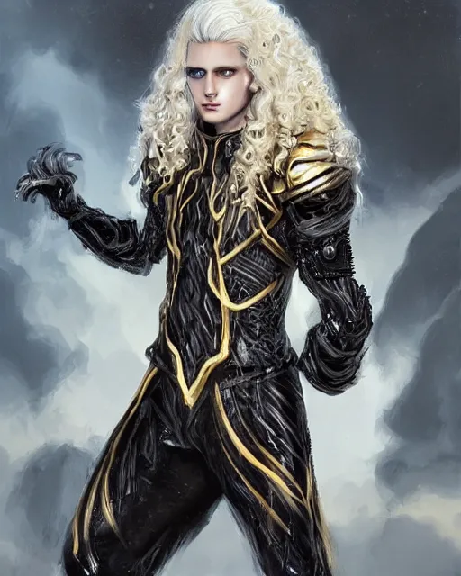 Image similar to Lucius as an androgynous albino prince in jagged black gilded obsidian armor, long fluffy golden blonde curly hair, digital painting, muscular young man, sci-fi setting, symmetrical features, Daniel Gerhartz, high detail intricate, artstation, WLOP, Artgerm, J. Scott Campbell; Olivia De Berardinis, Daniel Gerhartz, jack kirby, mysterious vibes