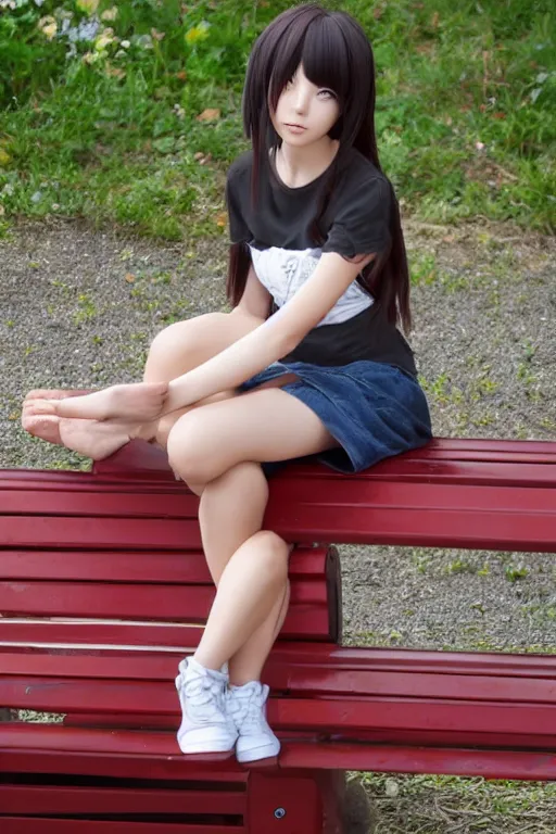 Prompt: anime style girl sitting on a bench