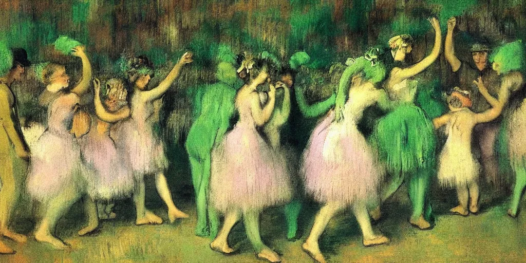 Image similar to tall terrifying green aliens sitting in a circle. in the victorian era. in the style of an impressionist painting. edgar degas