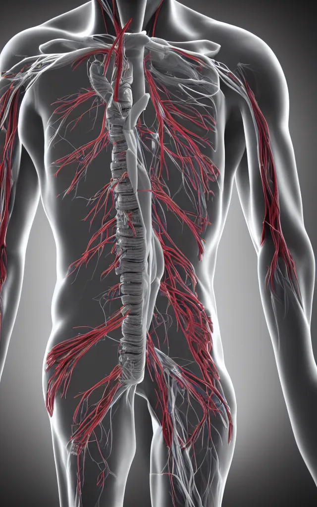 Prompt: intricated scientific medical 3d animation of the muscles and veins of a human with a heart in their hands photography 3d octane render over black black black background