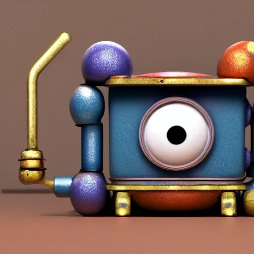 Image similar to a small chubby bot, colourful, smooth panelling, large gold eye intricate detail, style of cute pokemon, with damaged rusty arms, broken antenna, recycled, floating, white studio, oil, mechanical, cute toy, with an insect on its head, ambient light, in the style of pixar animation, pokedstudios, blender, octane render, 8 k,