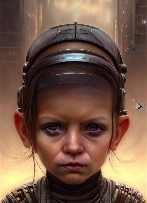 Image similar to closeup portrait shot of a cyberpunk child in a scenic dystopian environment, intricate, elegant, highly detailed, centered, digital painting, artstation, concept art, smooth, sharp focus, illustration, artgerm, tomasz alen kopera, peter mohrbacher, donato giancola, joseph christian leyendecker, wlop, boris vallejo