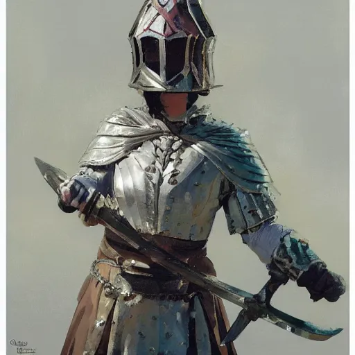 Prompt: portrait of woman wearing helmet and gambeson and chainmail swinging sword, aggressive stance, detailed by greg manchess, craig mullins, bernie fuchs, walter everett