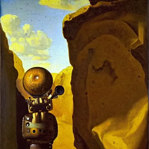 Prompt: Oil painting of a robot examining an ammonite fossil in the style of The Astronomer by Johannes Vermeer, 1666, highly detailed