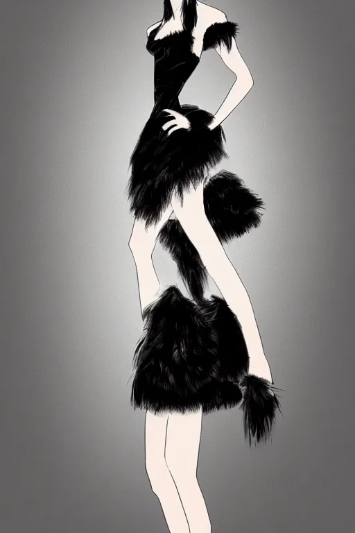 Image similar to full body aesthetic digital illustration of a beautiful young woman walking a runway in a furry little black dress, by wlop and Julia Razumova, realistic, photorealistic, , deviantArt, trending on artstation, artstation HQ