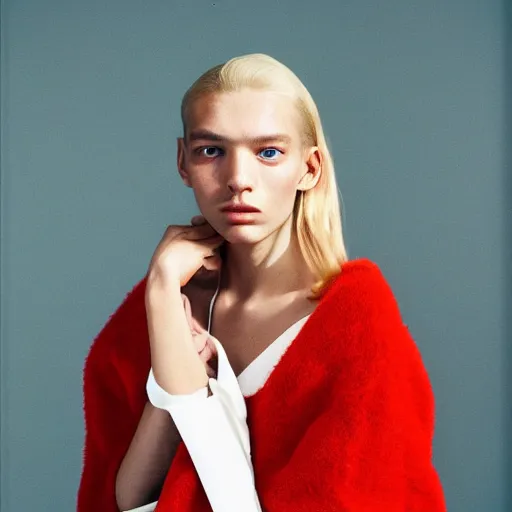 Image similar to realistic photoshooting for a new balenciaga lookbook, color film photography, portrait of a blonde european model, in style of tyler mitchell, 3 5 mm,