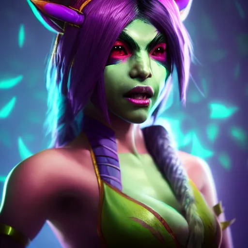 Prompt: Portrait of Neeko from League of Legends as a Character from Mortal Kombat 11, anger, mystery, fear, highly detailed, ominous vibe, smoke, octane render, cgsociety, artstation, trending on ArtStation, by Travis Sergio Diaz