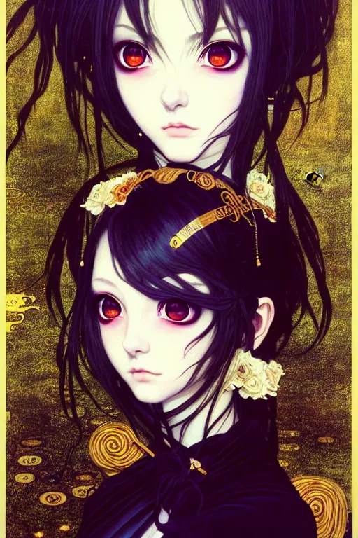 Prompt: portrait of beautiful young gothic anime maiden, cute-fine-face, pretty face, realistic shaded Perfect face, fine details. Anime, cyberpunk, Warhammer, highly detailed, artstation, illustration, art by Ilya Kuvshinov and Gustav Klimt and Gustav Klimt and Gustav Klimt and Gustav Klimt