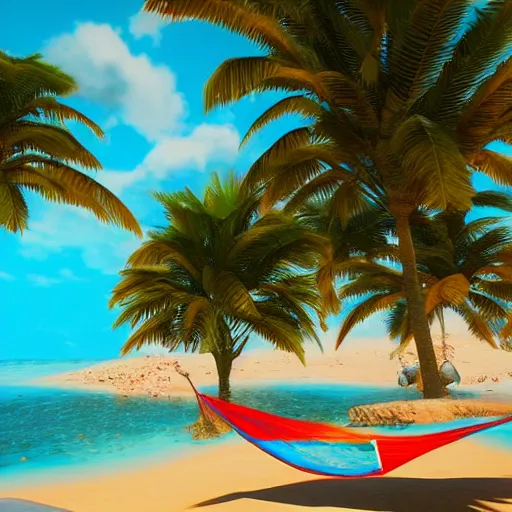 Prompt: laguna. clear blue water. sun shine. colourful birds. paradise. beach. palm trees. a hammock, 8 k, epic scene, scifi, unreal engine, trending on cg station. masterpiece.