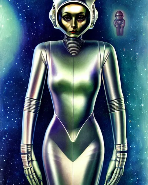 Prompt: futuristic portrait of woman from 2 0 s decade of xx century in metal space suit in a style of hans giger, giger alien style, art by kuvshinov ilya and wayne barlowe and gustav klimt and artgerm