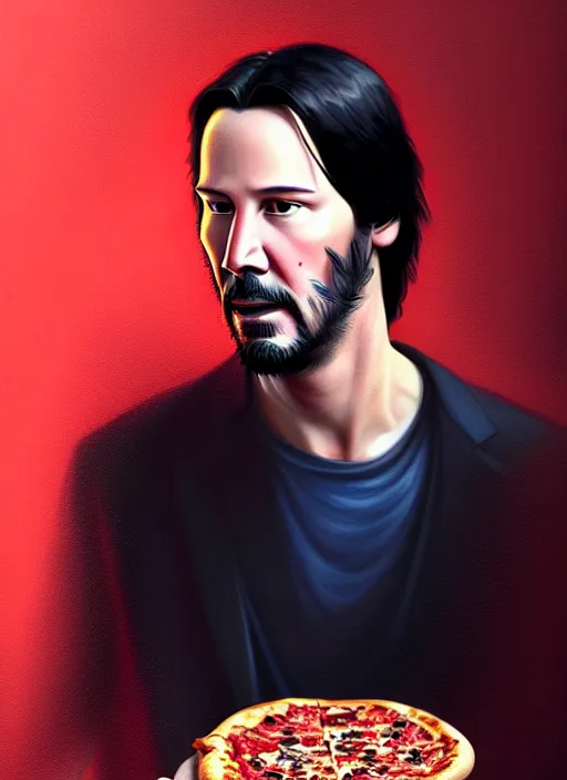 Image similar to portrait of keanu reeves eating pizza, intricate, elegant, glowing lights, highly detailed, digital painting, artstation, concept art, smooth, sharp focus, illustration, art by wlop, mars ravelo and greg rutkowski