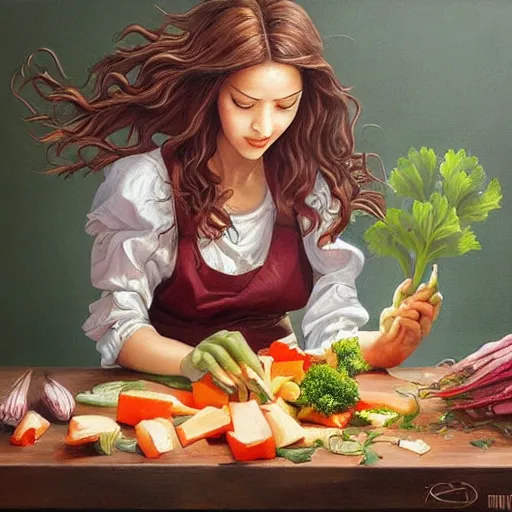 Image similar to a beautiful painting of a gorgeous young mother chopping vegetables on a weathered cutting board, representative of the art style of artgerm and wlop and peter mohrbacher