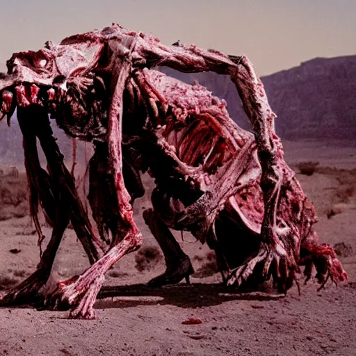 Image similar to in the desert a bloody horrifying The Thing creature made of muscle and bone and blood, mid day, 35mm photography, realistic,