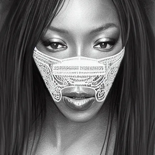 Image similar to full figure ultra realistic illustration, naomi campbell wearing an n 9 5 face mask, intricate, elegant, highly detailed, digital painting, artstation, concept art, smooth, sharp focus, illustration, art by artgerm and greg rutkowski and alphonse mucha