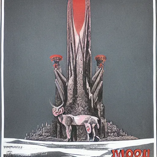 Image similar to soviet propaganda poster of a shrine to moloch in the style of beksinski