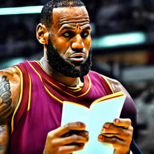 Prompt: professional close up shot photograph of lebron james reading a book while in an nba game, wearing nba jersey, standing, award - winning photograph, highly detailed, dramatic posing, 8 k quality, high quality