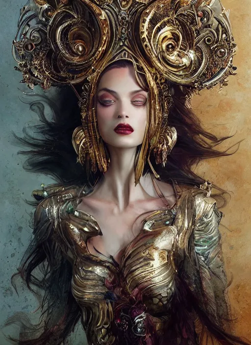 Image similar to expressive photo of sophia lauren, ornate headpiece made from metals, hyper maximalist, elegant, body horror, by karol bak nd yoshitaka amano and greg rutkowski and jeremyg lipkinng and artgerm, photorealistic, fashion photography, hyperrealistic, photography