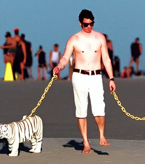 Image similar to celebrity walking his pet white tiger on a chain down Venice beach, muscle beach in 1998