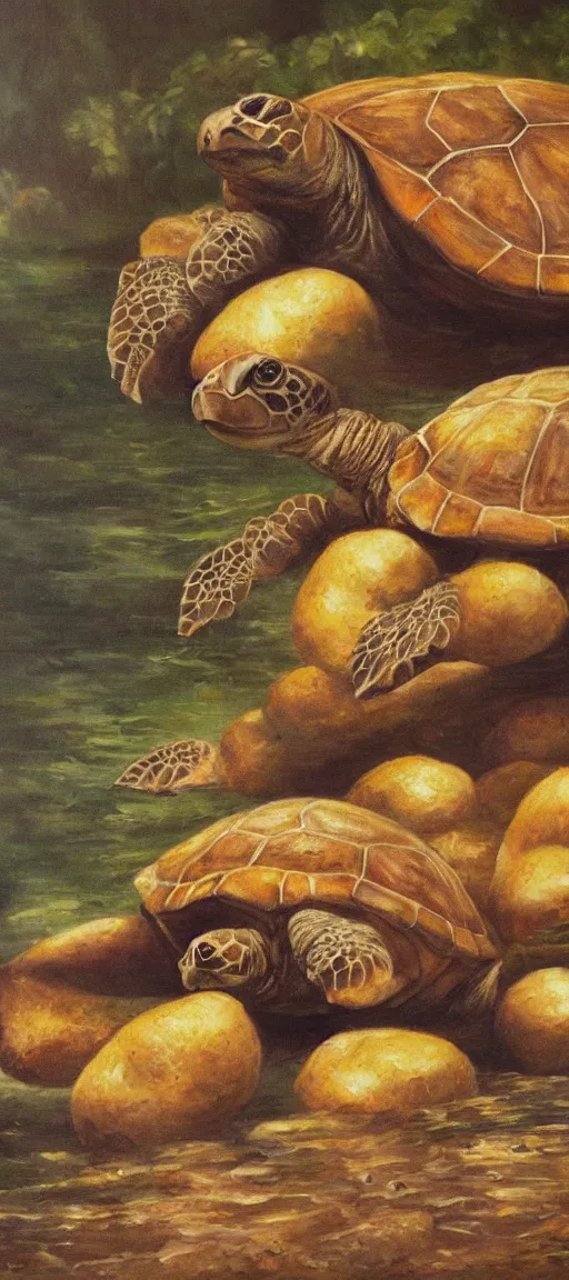 Image similar to giant turtle eating potatoes oil painting